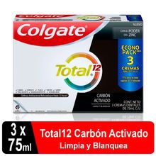 Crema dental COLGATE total 12 carbón activado 3 unds x75 ml c/u