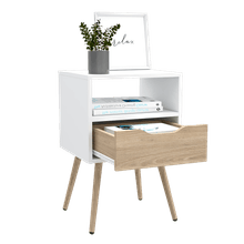 Mesa de Noche Alesio, Blanco Perla y Beige, con Patas de Madera y Un Cajón