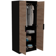 Closet Wesley, Wengue y Miel, con un tubo cromado y dos puertas batientes