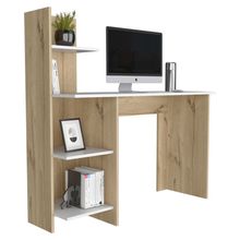 Escritorio ¡Wow!, Macadamia y Blanco, con cuatro entrepaños para ubicar elementos de estudio